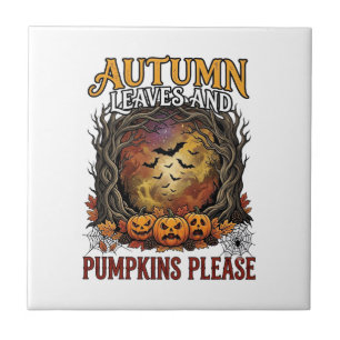 Herbstlaub Kürbisse Bitte Halloween Gruselige Bäum Fliese