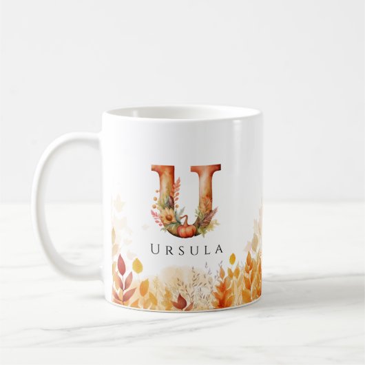 Herbstlaub Letter U Monogramm und Name Kaffeetasse (Links)