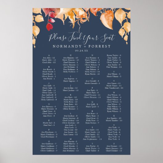 Herbstlaub | Navy Blue Alphabetification Seekarte Poster (Vorne)