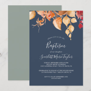 Herbstlaub   Navy Blue & Burgund Taufe Einladung
