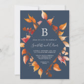 Herbstlaub | Navy Blue & Burgundy Diamond Wedding Einladung (Vorderseite)