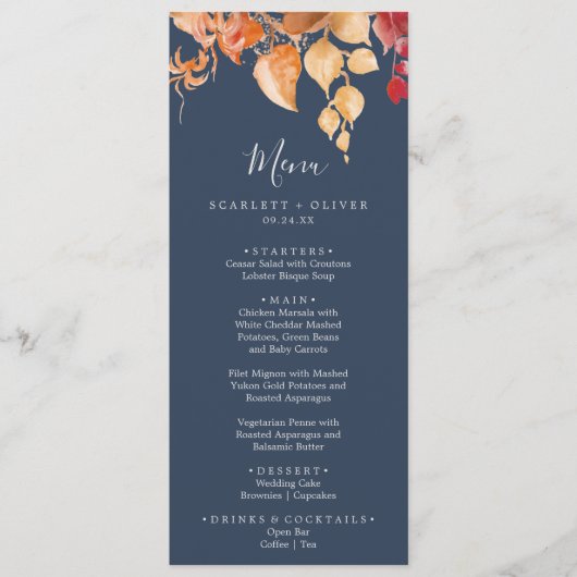 Herbstlaub | Navy Blue & Burgundy Wedding Menu Menükarte (Vorderseite)