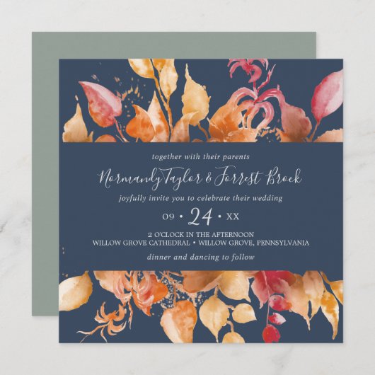 Herbstlaub | Navy Blue Lässig Square Wedding Einladung (Vorne/Hinten)