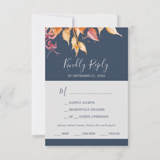 Herbstlaub | Navy Blue Menu Choice RSVP Card Karte (Vorderseite)