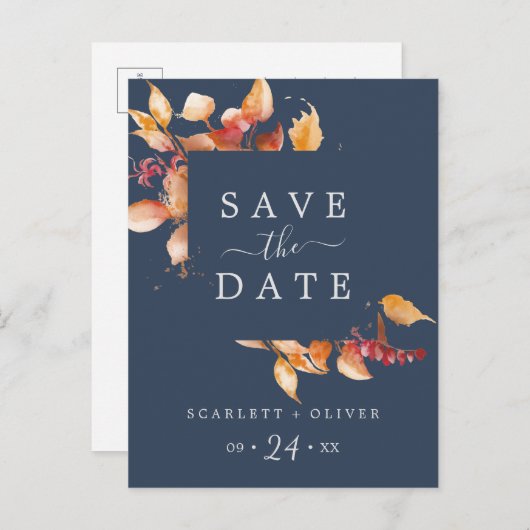 Herbstlaub | Navy Blue Save the Date Postcard Einladungspostkarte (Vorne/Hinten)