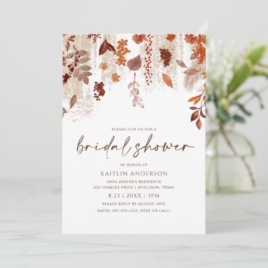 Herbstlaub Rust Brown Orange Brautparty Einladung (Stehend Vorderseite)