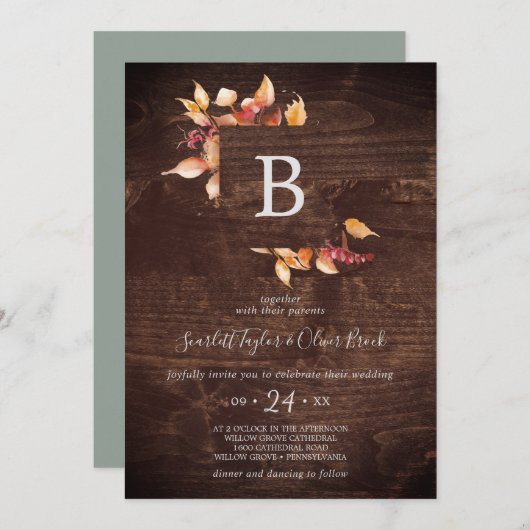 Herbstlaub | Rustic Brown Wood Monogram Wedding Einladung (Vorne/Hinten)