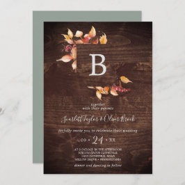 Herbstlaub | Rustic Brown Wood Monogram Wedding Einladung