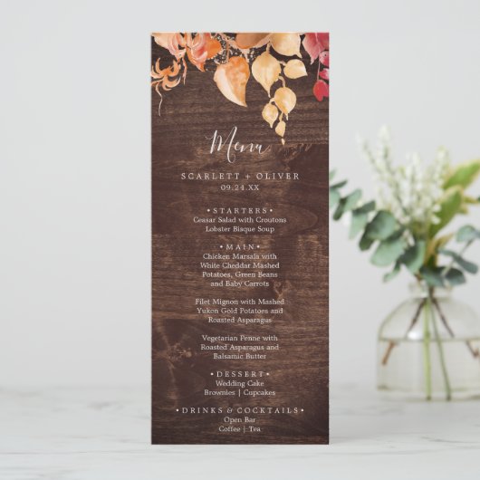 Herbstlaub | Rustic Brown Wood Wedding Menu Menükarte (Stehend Vorderseite)