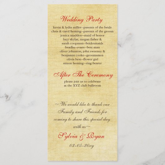 Herbstlaub Rustikale Hochzeit Programm (Rückseite)