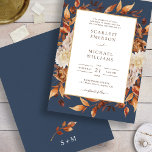 Herbstlaub Rustikale Hochzeitseinladung Einladung<br><div class="desc">Navy BlueTerracotta Herbstlaub Hochzeit Einladung. Diese elegante Hochzeitsinklusive bietet wunderschöne handbemalte Aquarellfarben in Orange, Kupfer, Terrakotta-Blätter, Creme und beige Dahlien sowie wunderschöne Rost- und Brauntöne auf marinebaublauem Hintergrund. Die Rückseite der Einladung hat einen schönen Zweig von Blätter mit der Braut und Bräutigam Mongramm. Finden Sie passende Artikel in der Hochzeitskollektion...</div>