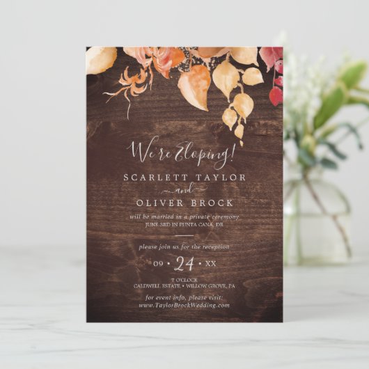 Herbstlaub Rustikaler Braunwald Elopement Empfang Einladung (Stehend Vorderseite)