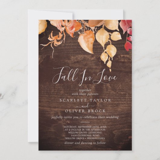 Herbstlaub Rustikaler Braunwald fällt bei Hochzeit Einladung (Vorderseite)