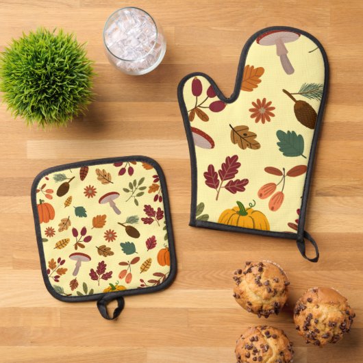 Herbstlaub und Erntemuster Ofenhandschuh & Topflappen-Set (Oben Unten)