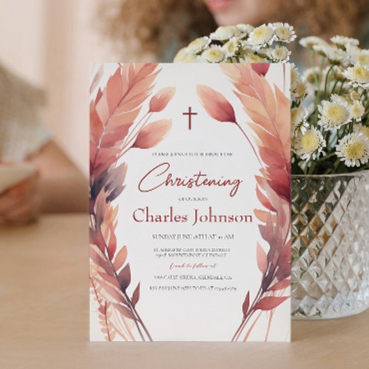 Herbstlaub und Feathers Son Christening Einladung