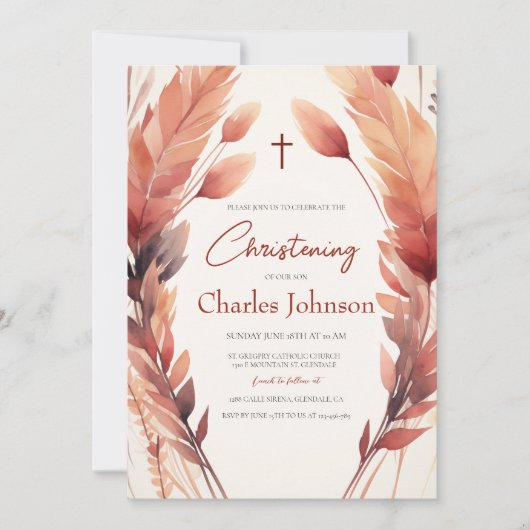 Herbstlaub und Feathers Son Christening Einladung (Vorderseite)