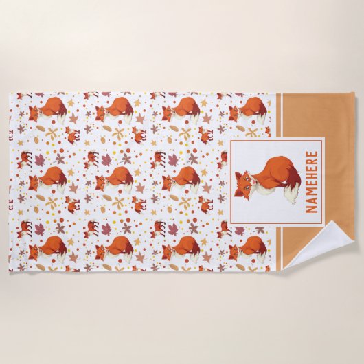 Herbstlaub und Fox Pattern Individuelle Name Strandtuch (Vorderseite)