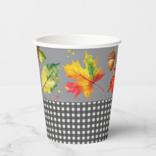 Herbstlaub und Gingham Pappbecher (Vorderseite)