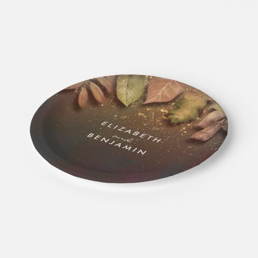 Herbstlaub und Gold Glitzer Hochzeit Pappteller (Schrägansicht)