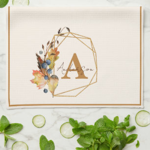 Herbstlaub und Goldrahmen personalisiert Geschirrtuch
