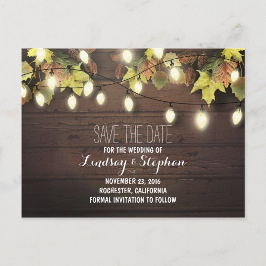 Herbstlaub und Lichter Save the Date Postkarte (Vorderseite)