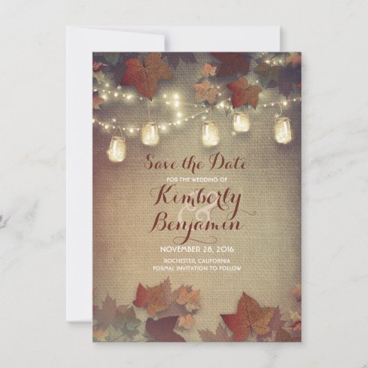 Herbstlaub und rustikale Mason Jars Save the Date (Vorderseite)