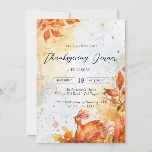 Herbstlaub und Türkei Roter und Gelber Erntedank Einladung (Vorderseite)