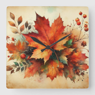 Herbstlaub Vintage Herbstfarben Quadratische Wanduhr