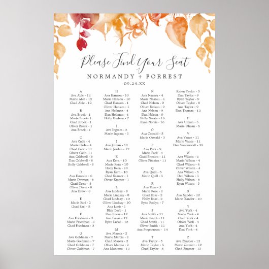 Herbstlaub | Weißes Alphabetisches Sitzdiagramm Poster (Vorne)