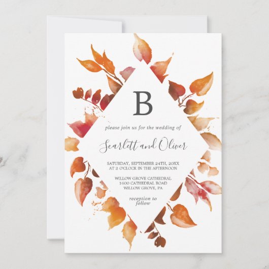 Herbstlaub | White & Burgundy Diamond Wedding Einladung (Vorderseite)