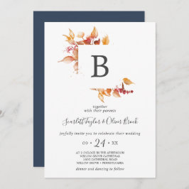 Herbstlaub | White & Burgundy Monogram Wedding Einladung