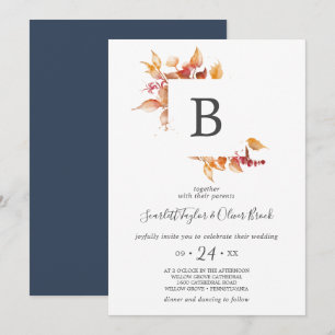 Herbstlaub   White & Burgundy Monogram Wedding Einladung