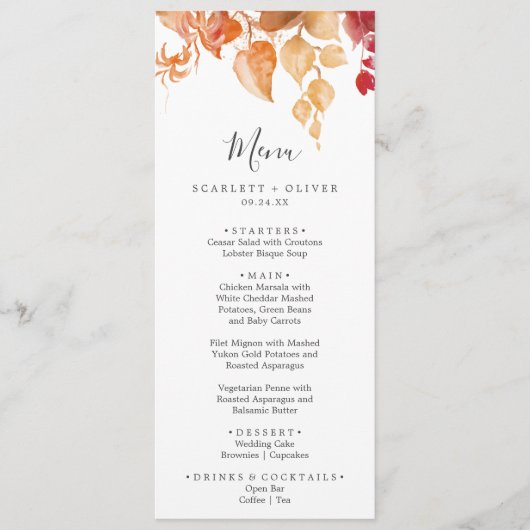Herbstlaub | White & Burgundy Wedding Menu Menükarte (Vorderseite)