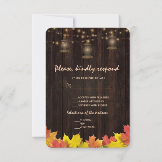 Herbstlaub Wood Old Lanterns Wedding RSVP Karte (Vorderseite)