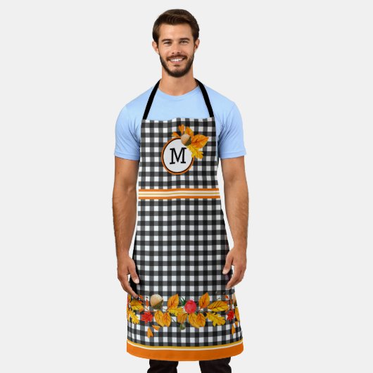 Herbstlaube auf Black Gingham Mit Monogramm Schürze (Getragen)