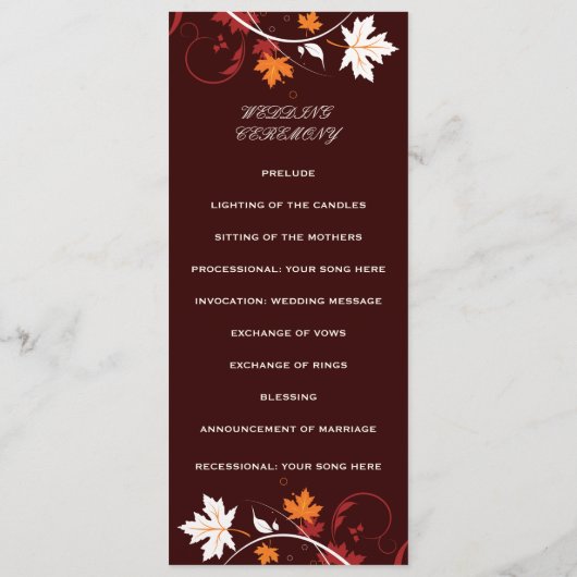 Herbstlaube Hochzeitsprogramm in orangefarbenem We Programm (Rückseite)