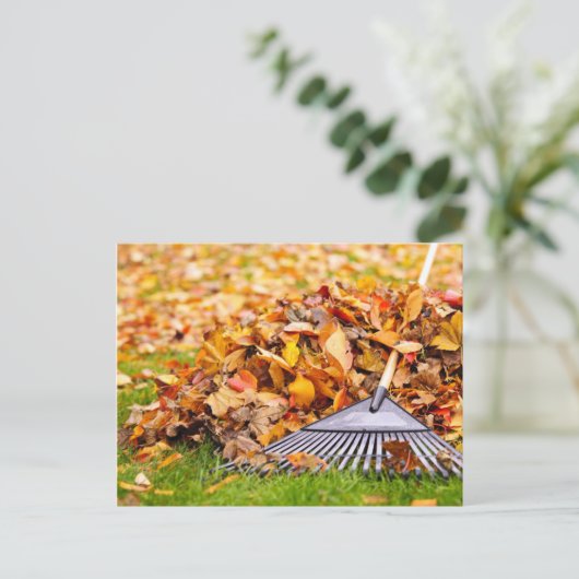 Herbstlaube mit Rake Postkarte (Stehend Vorderseite)