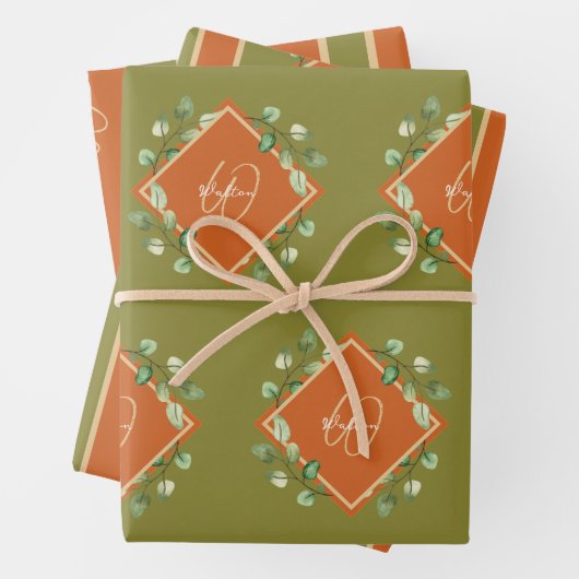 Herbstlaube Orange und Green Mit Monogramm Geschenkpapier Set (Beispiel)
