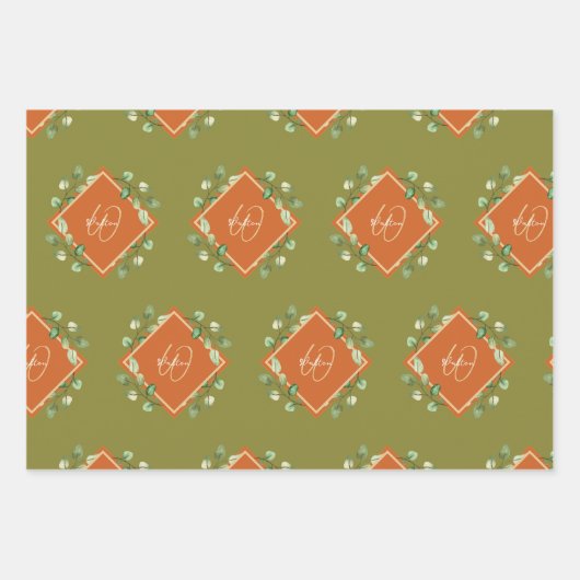 Herbstlaube Orange und Green Mit Monogramm Geschenkpapier Set (Vorderseite)