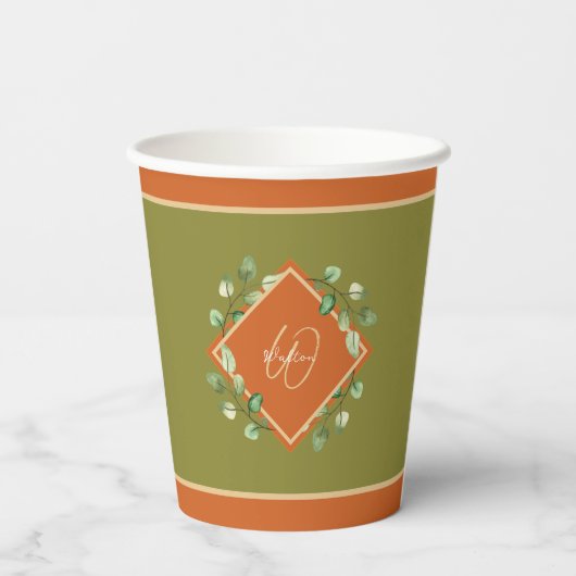 Herbstlaube Orange und Green Mit Monogramm Pappbecher (Rückseite)