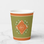 Herbstlaube Orange und Green Mit Monogramm Pappbecher (Vorderseite)