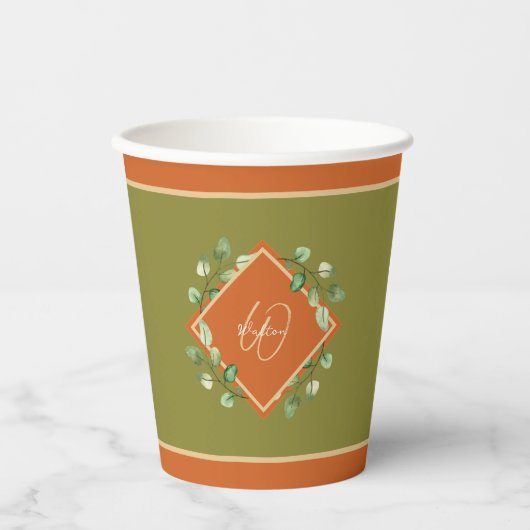 Herbstlaube Orange und Green Mit Monogramm Pappbecher (Vorderseite)