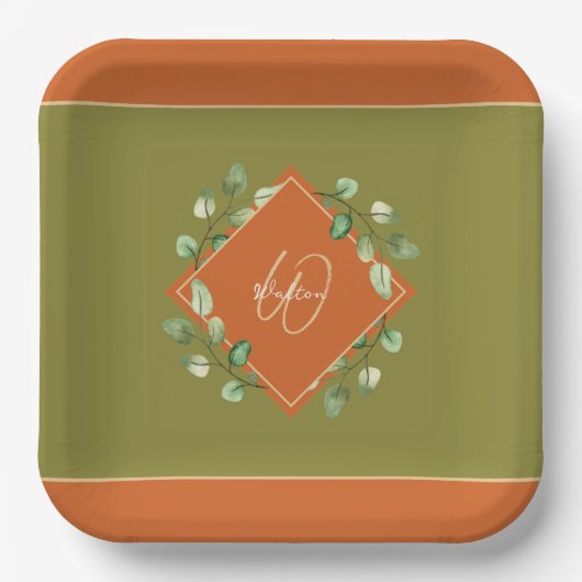 Herbstlaube Orange und Green Mit Monogramm Pappteller (Vorderseite)