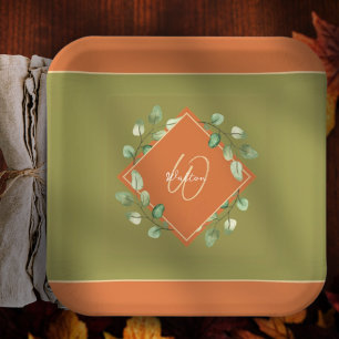 Herbstlaube Orange und Green Mit Monogramm Pappteller