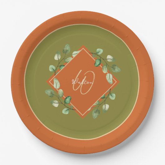 Herbstlaube Orange und Green Mit Monogramm Pappteller (Vorderseite)