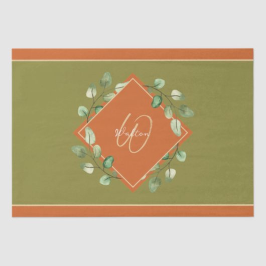 Herbstlaube Orange und Green Mit Monogramm Seidenpapier (Vorderseite)