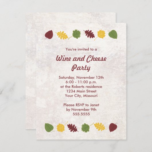 Herbstlaube Party Einladungen Wein und Käse (Vorne/Hinten)