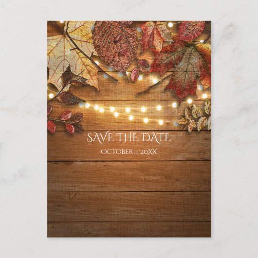 Herbstlaube und Lichter rustikal Save the Date Ankündigungspostkarte (Vorderseite)