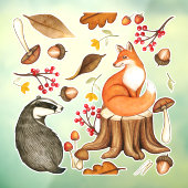 Herbstlaubs Badger & Fox Fensteraufkleber (Blatt 3)