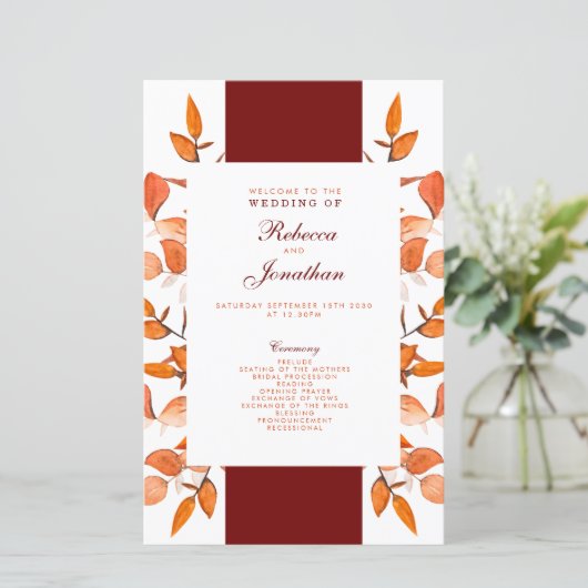 Herbstlaubs Burnt Orange Hochzeitsprogramm (Stehend Vorderseite)